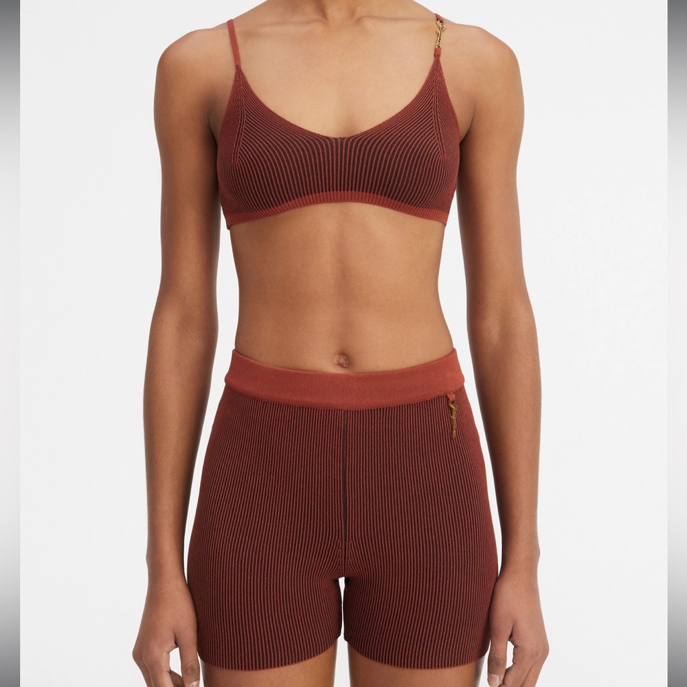 Jacquemus Le Raphia Charm logo knit shorts and top set in brown